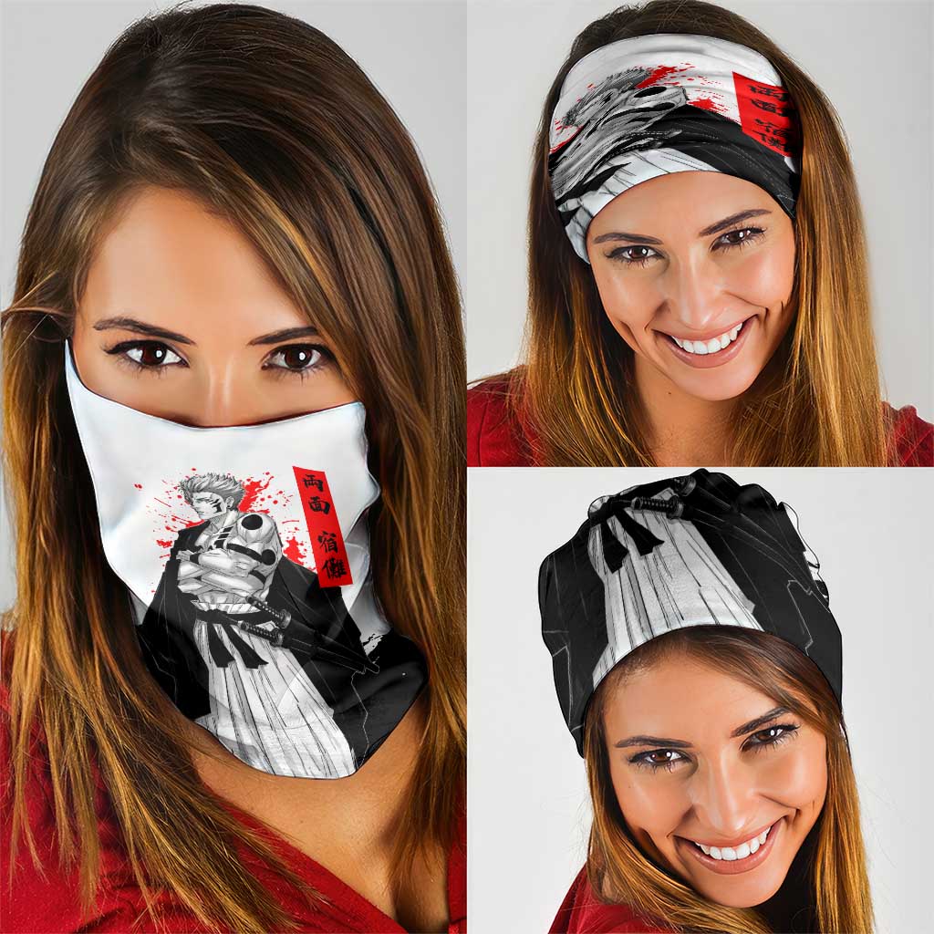 Sukuna Jujutsu Kaisen Samurai Aesthetic Neck Gaiter with Katana, Red Kanji and Oni Mask Design - The Mazicc