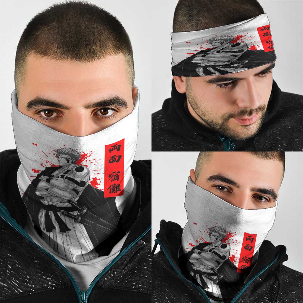 Sukuna Jujutsu Kaisen Samurai Aesthetic Neck Gaiter with Katana, Red Kanji and Oni Mask Design - The Mazicc
