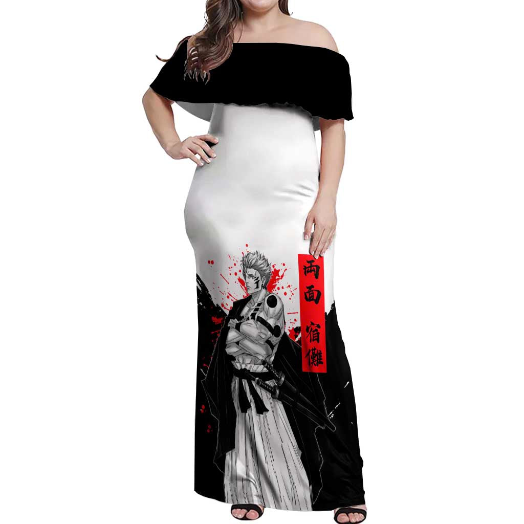 Sukuna Jujutsu Kaisen Samurai Aesthetic Off Shoulder Maxi Dress with Katana, Red Kanji and Oni Mask Design - The Mazicc