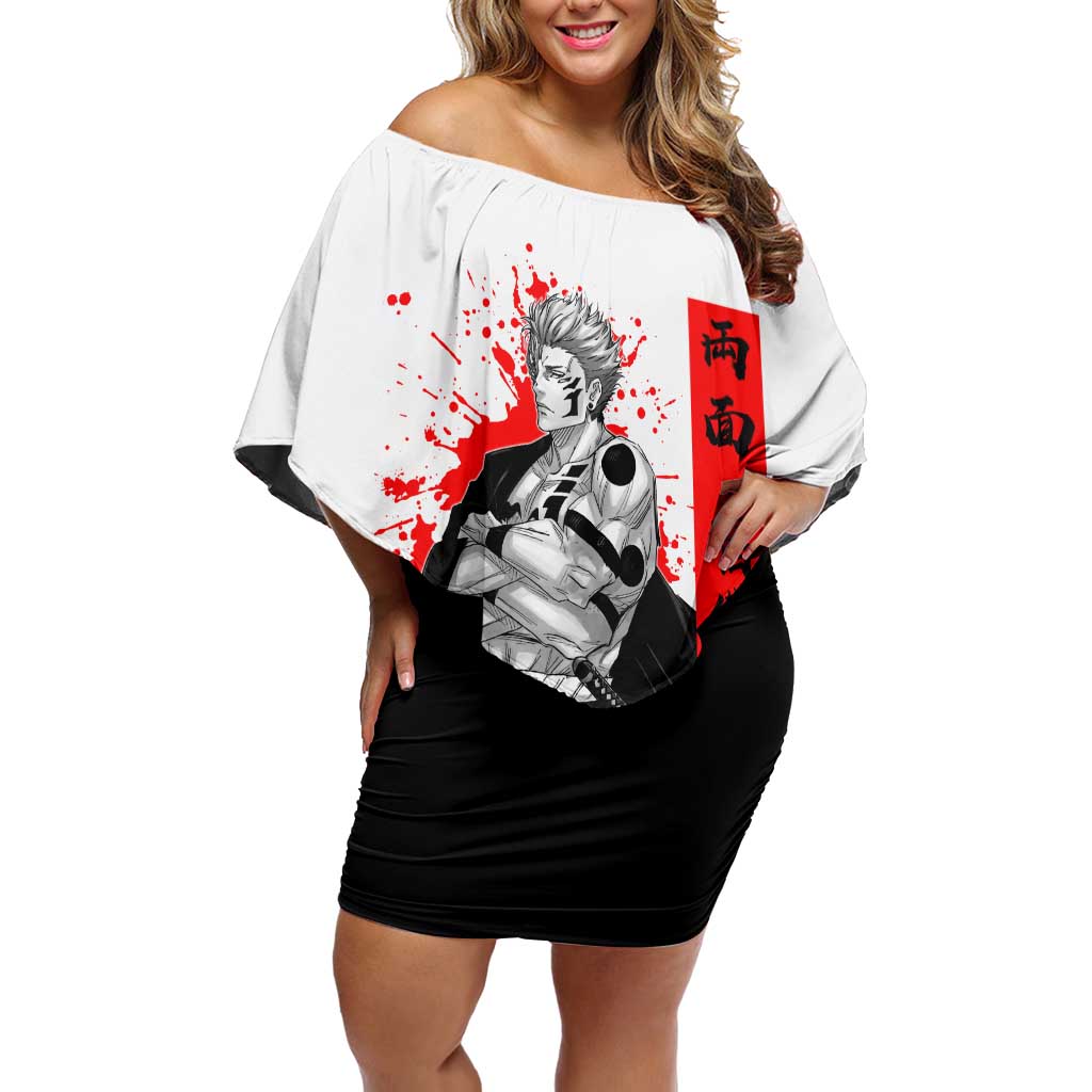 Sukuna Jujutsu Kaisen Samurai Aesthetic Off Shoulder Short Dress with Katana, Red Kanji and Oni Mask Design - The Mazicc