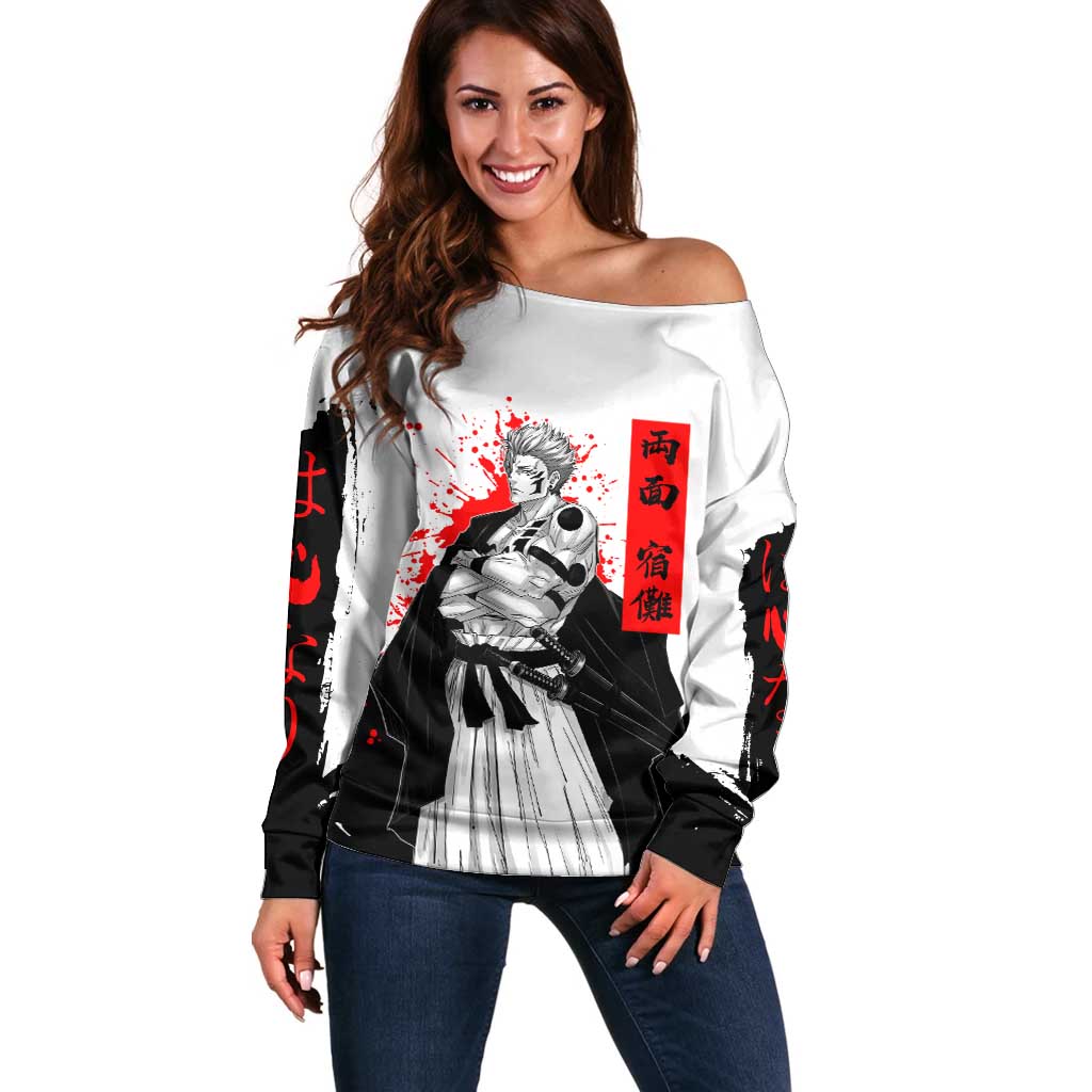 Sukuna Jujutsu Kaisen Samurai Aesthetic Off Shoulder Sweater with Katana, Red Kanji and Oni Mask Design - The Mazicc