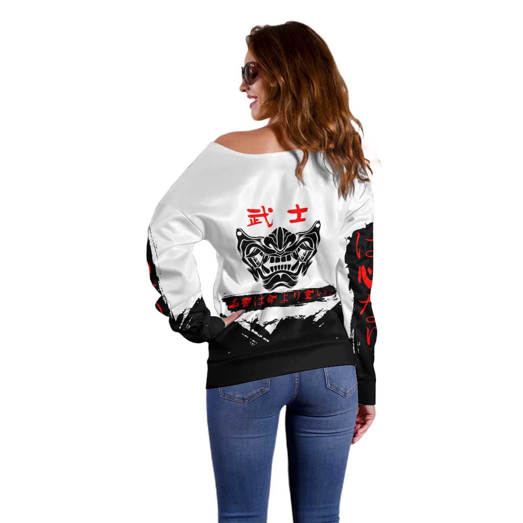 Sukuna Jujutsu Kaisen Samurai Aesthetic Off Shoulder Sweater with Katana, Red Kanji and Oni Mask Design - The Mazicc