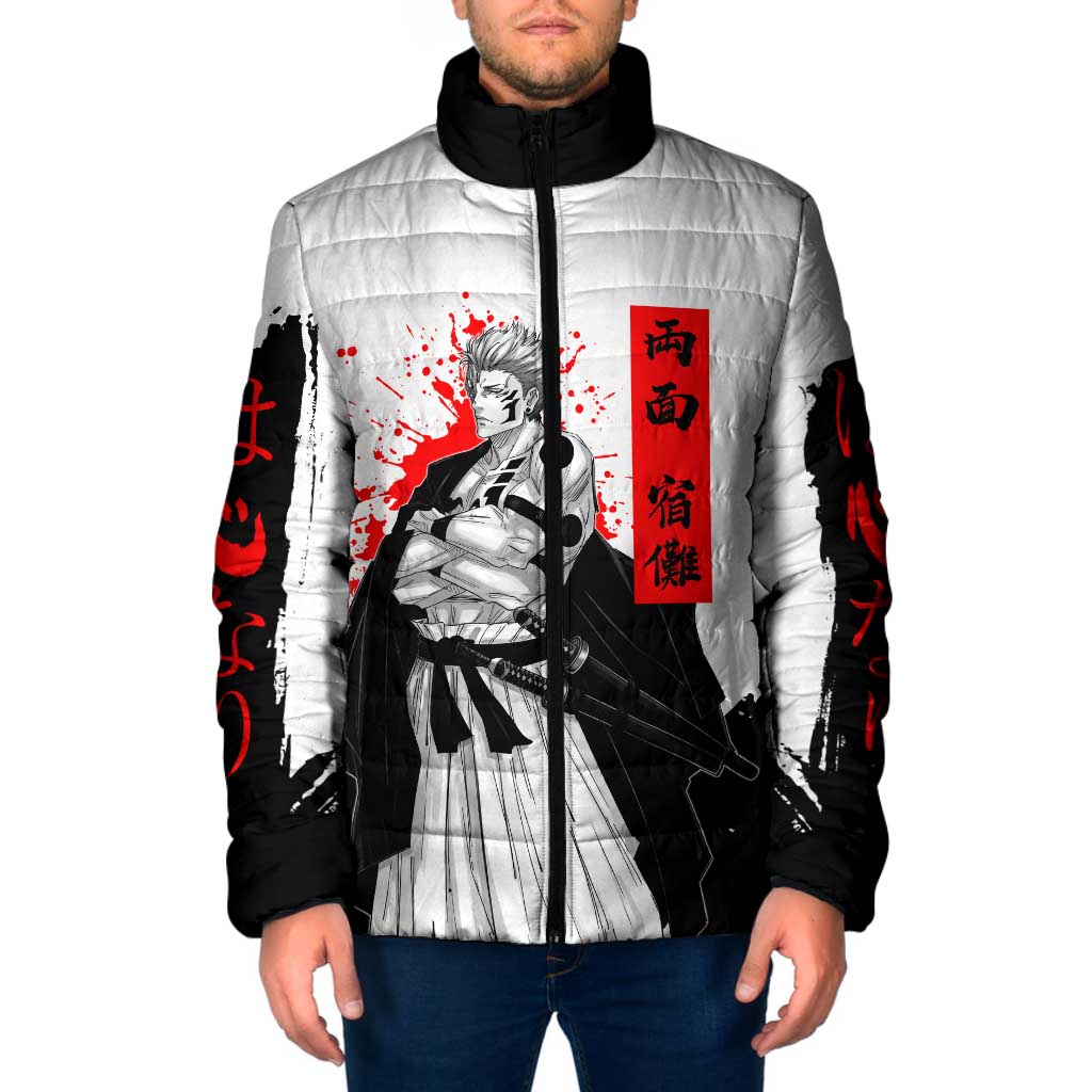 Sukuna Jujutsu Kaisen Samurai Aesthetic Padded Jacket with Katana, Red Kanji and Oni Mask Design - The Mazicc