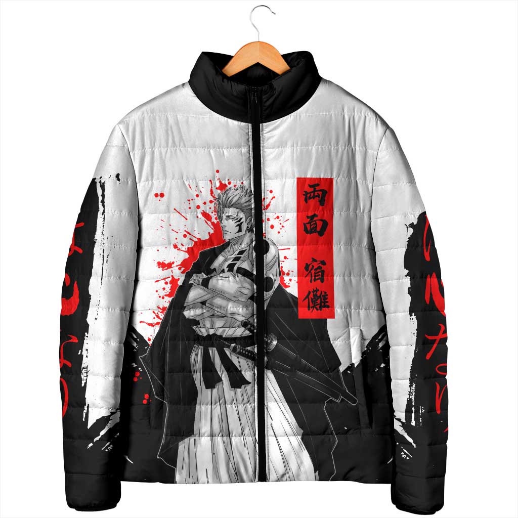 Sukuna Jujutsu Kaisen Samurai Aesthetic Padded Jacket with Katana, Red Kanji and Oni Mask Design - The Mazicc