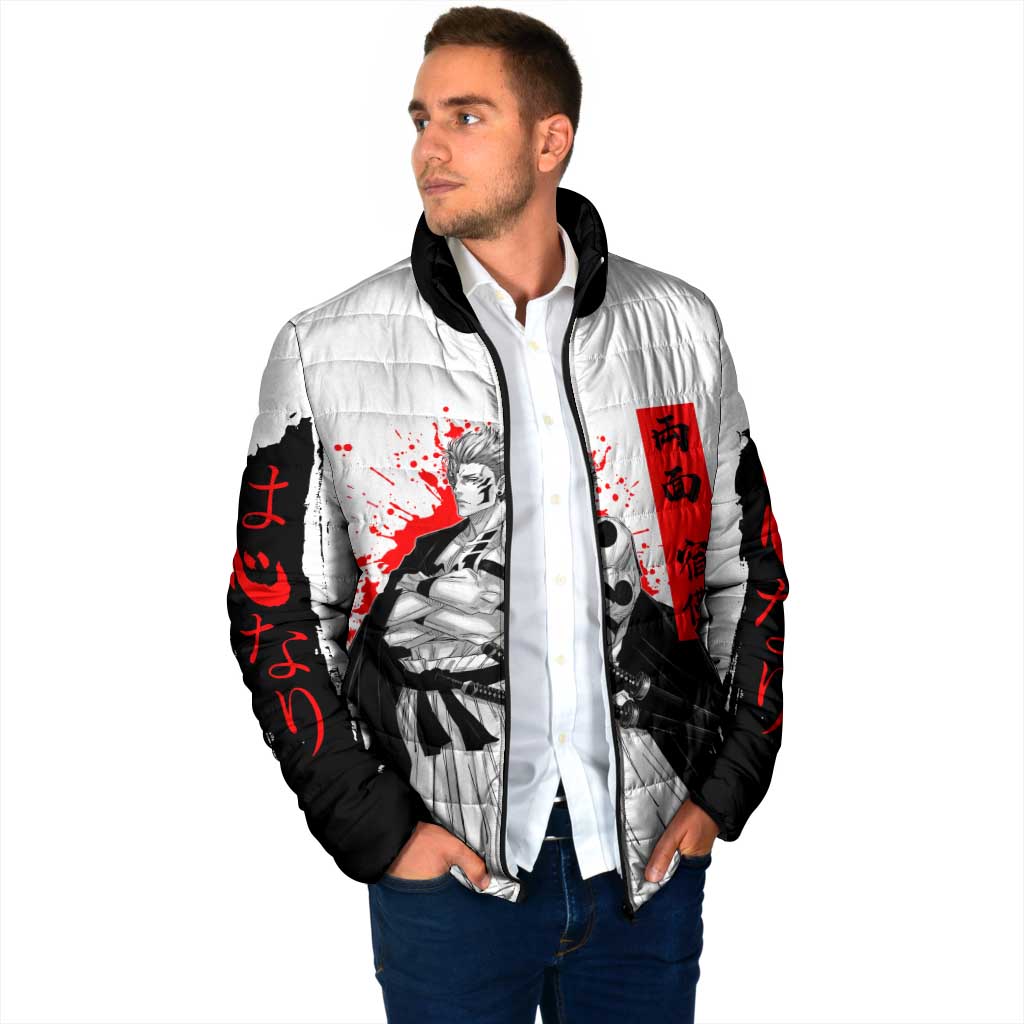 Sukuna Jujutsu Kaisen Samurai Aesthetic Padded Jacket with Katana, Red Kanji and Oni Mask Design - The Mazicc
