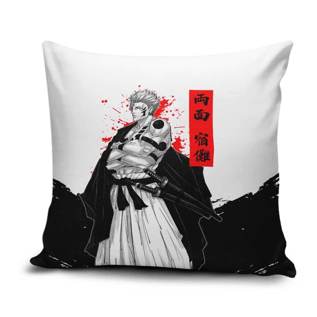 Sukuna Jujutsu Kaisen Samurai Aesthetic Pillow Cover with Katana, Red Kanji and Oni Mask Design - The Mazicc