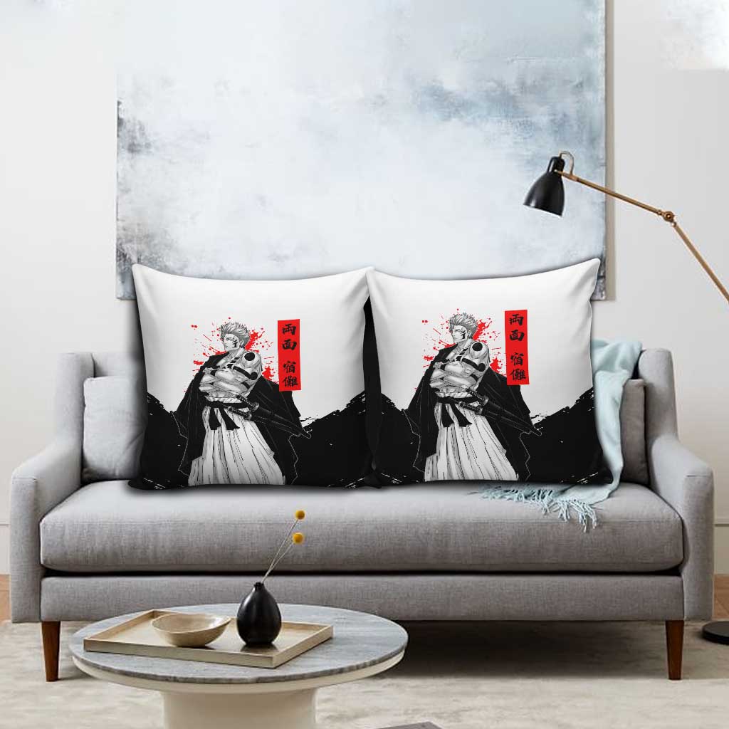 Sukuna Jujutsu Kaisen Samurai Aesthetic Pillow Cover with Katana, Red Kanji and Oni Mask Design - The Mazicc