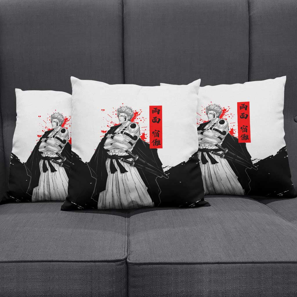 Sukuna Jujutsu Kaisen Samurai Aesthetic Pillow Cover with Katana, Red Kanji and Oni Mask Design - The Mazicc