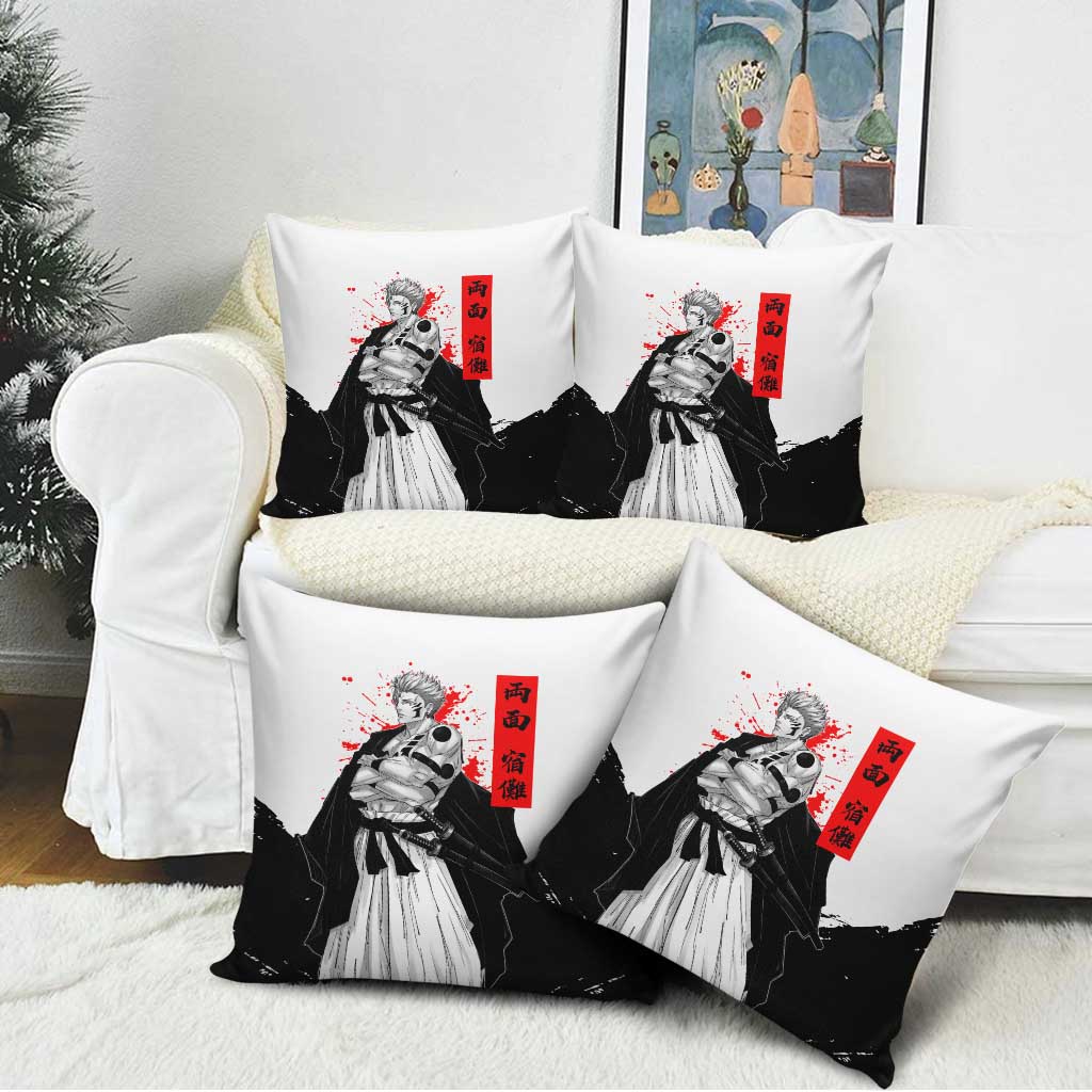 Sukuna Jujutsu Kaisen Samurai Aesthetic Pillow Cover with Katana, Red Kanji and Oni Mask Design - The Mazicc