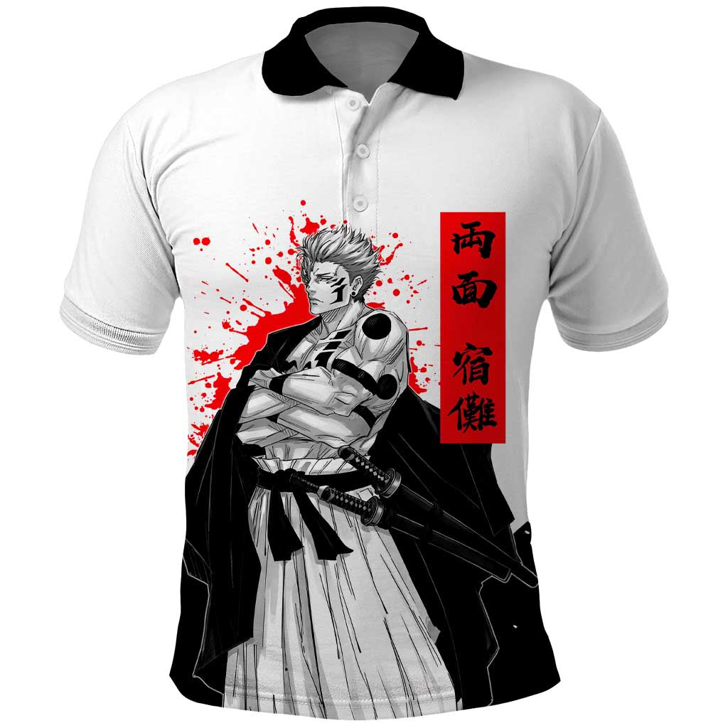 Sukuna Jujutsu Kaisen Samurai Aesthetic Polo Shirt with Katana, Red Kanji and Oni Mask Design - The Mazicc