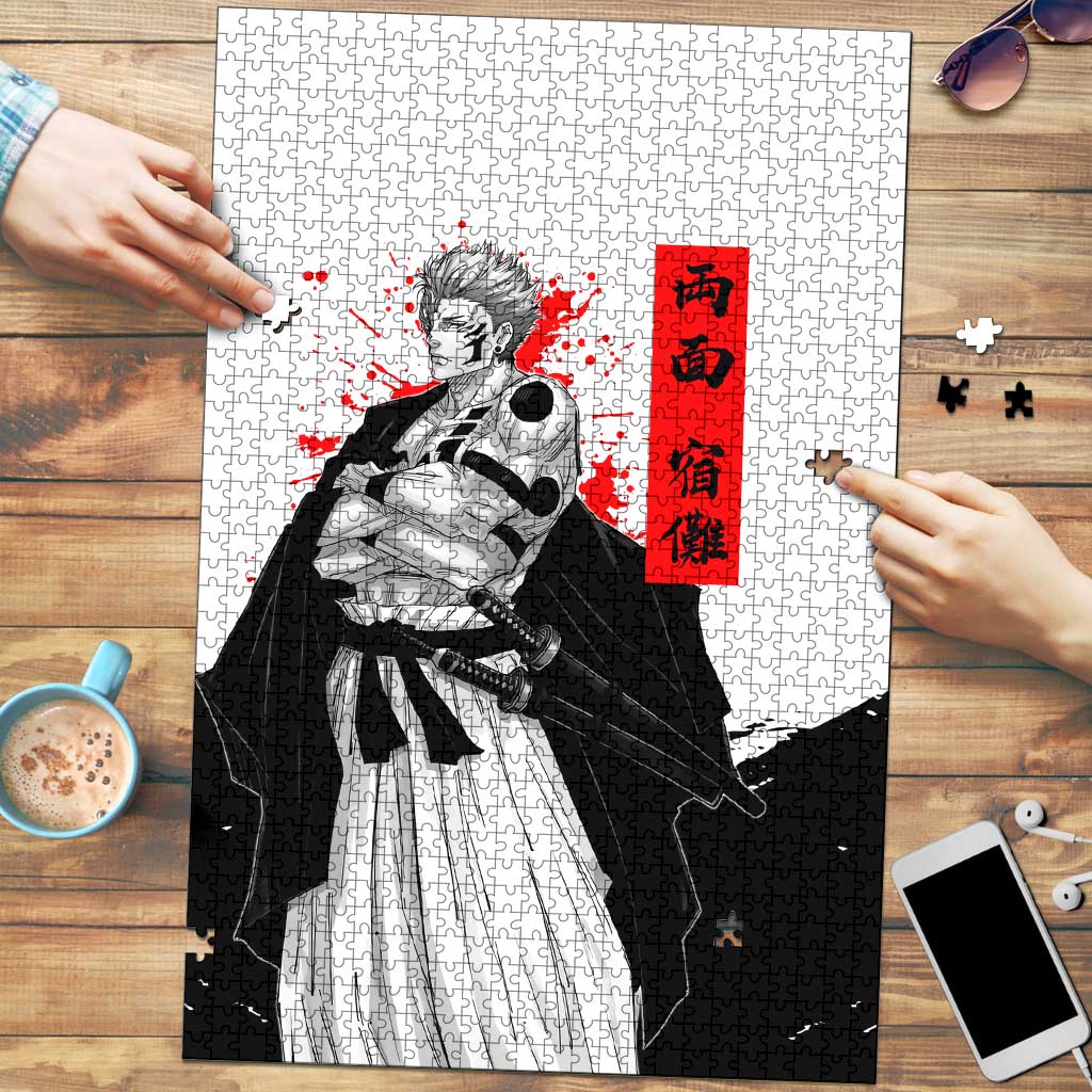 Sukuna Jujutsu Kaisen Samurai Aesthetic Puzzle with Katana, Red Kanji and Oni Mask Design - The Mazicc