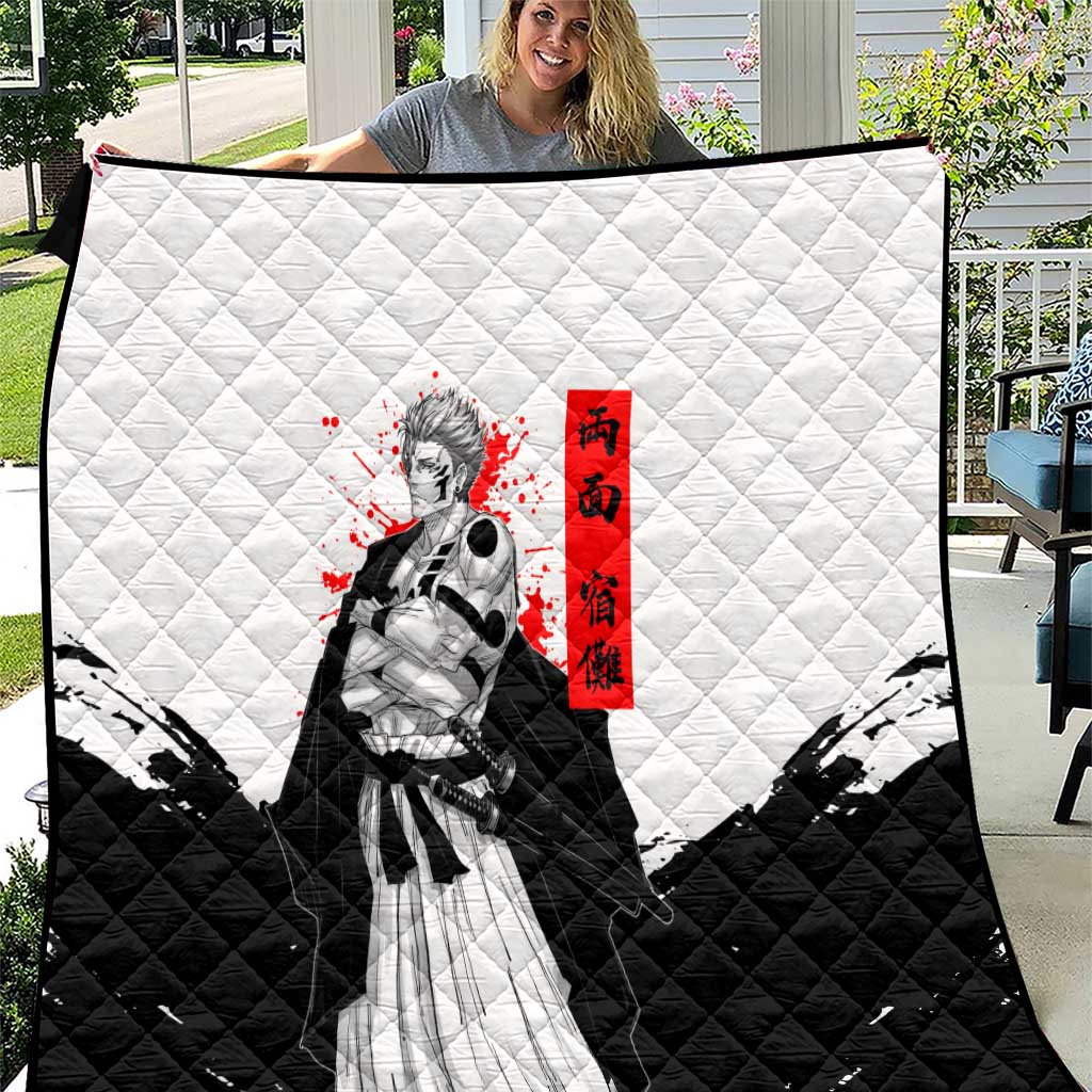 Sukuna Jujutsu Kaisen Samurai Aesthetic Quilt with Katana, Red Kanji and Oni Mask Design - The Mazicc