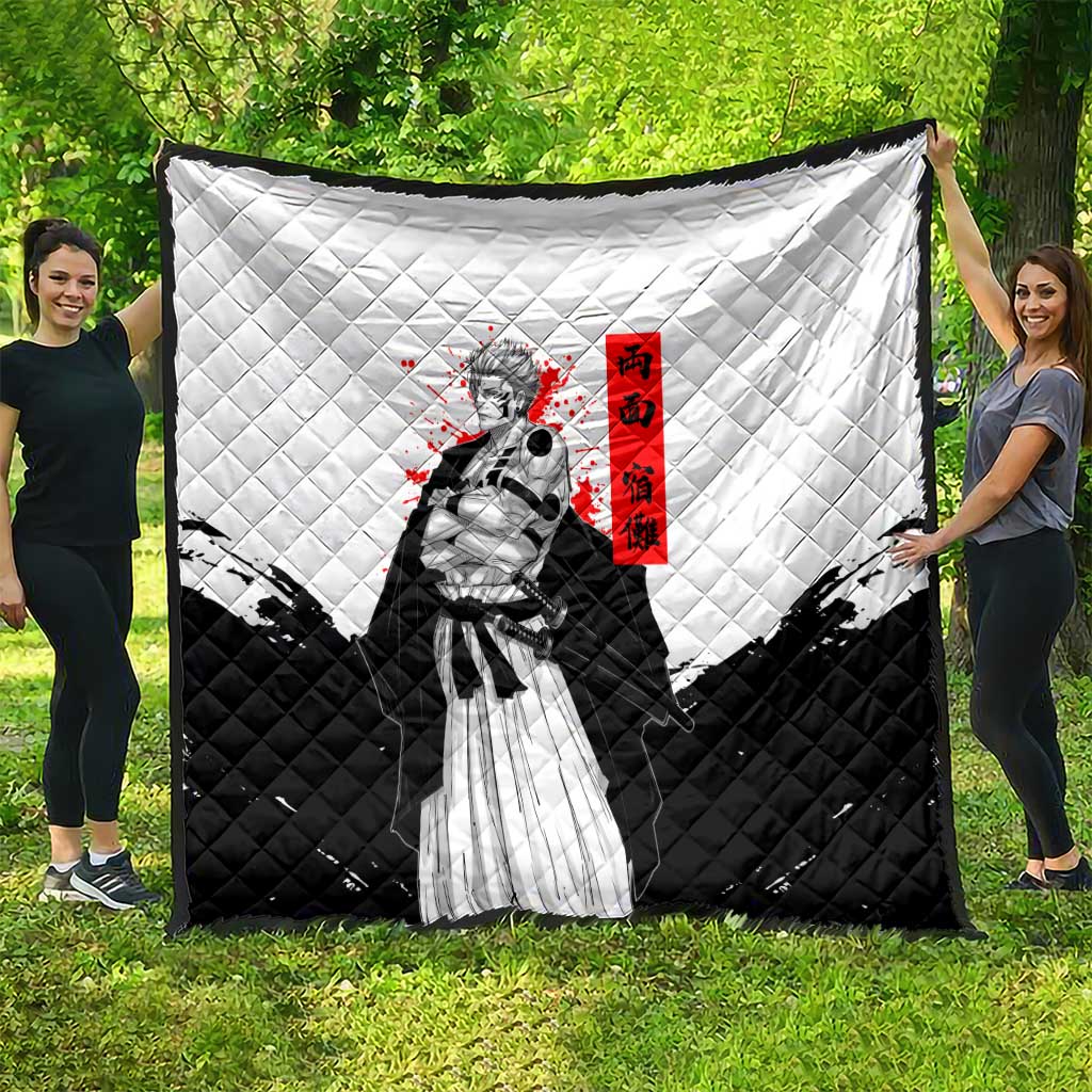 Sukuna Jujutsu Kaisen Samurai Aesthetic Quilt with Katana, Red Kanji and Oni Mask Design - The Mazicc