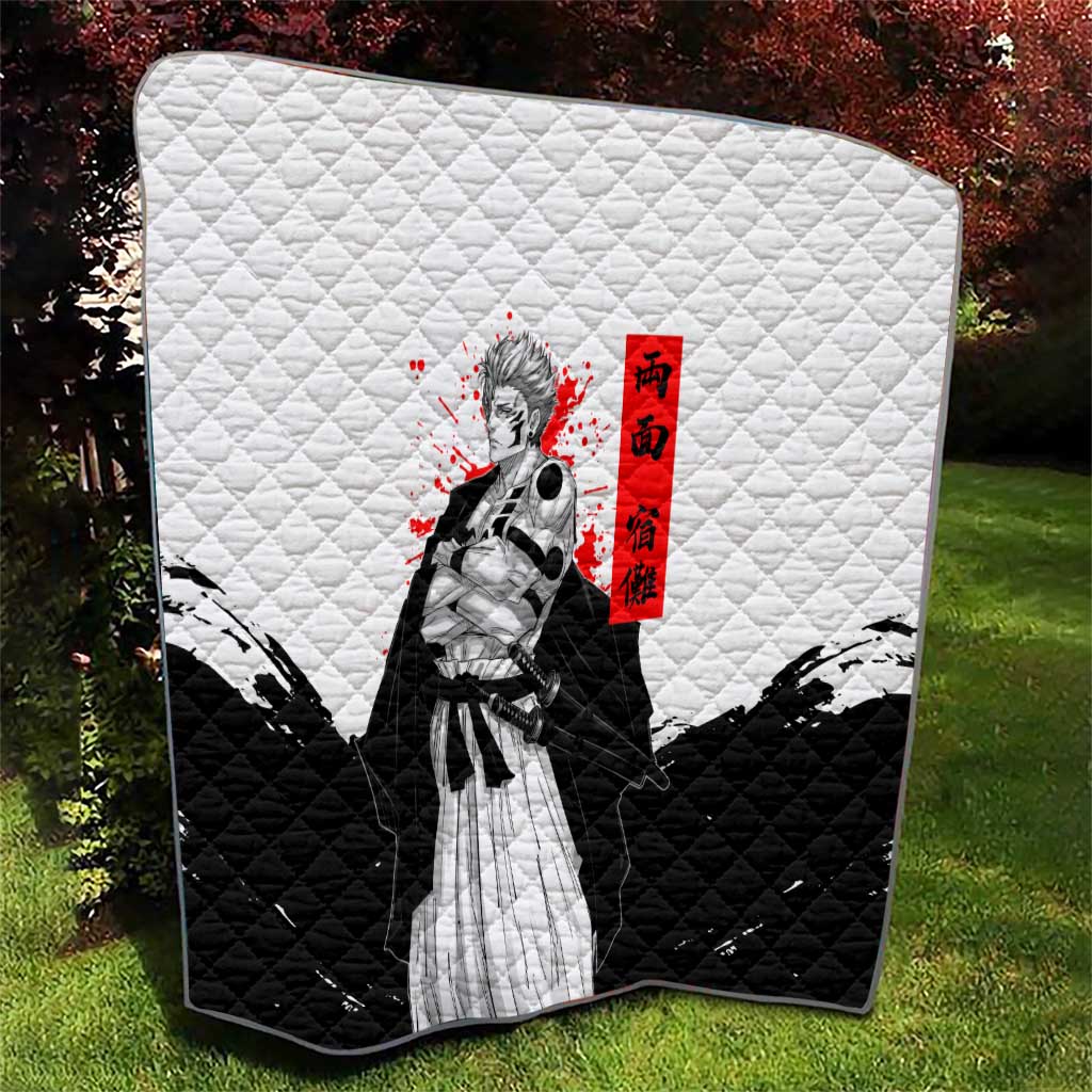 Sukuna Jujutsu Kaisen Samurai Aesthetic Quilt with Katana, Red Kanji and Oni Mask Design - The Mazicc