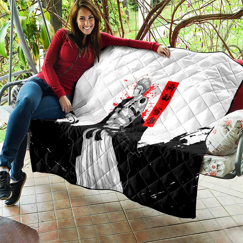 Sukuna Jujutsu Kaisen Samurai Aesthetic Quilt with Katana, Red Kanji and Oni Mask Design - The Mazicc