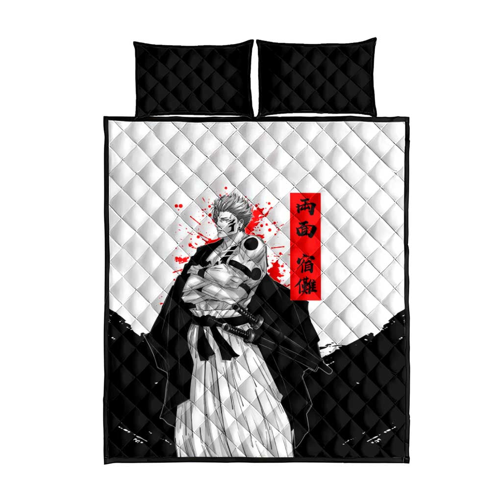 Sukuna Jujutsu Kaisen Samurai Aesthetic Quilt Bed Set with Katana, Red Kanji and Oni Mask Design - The Mazicc