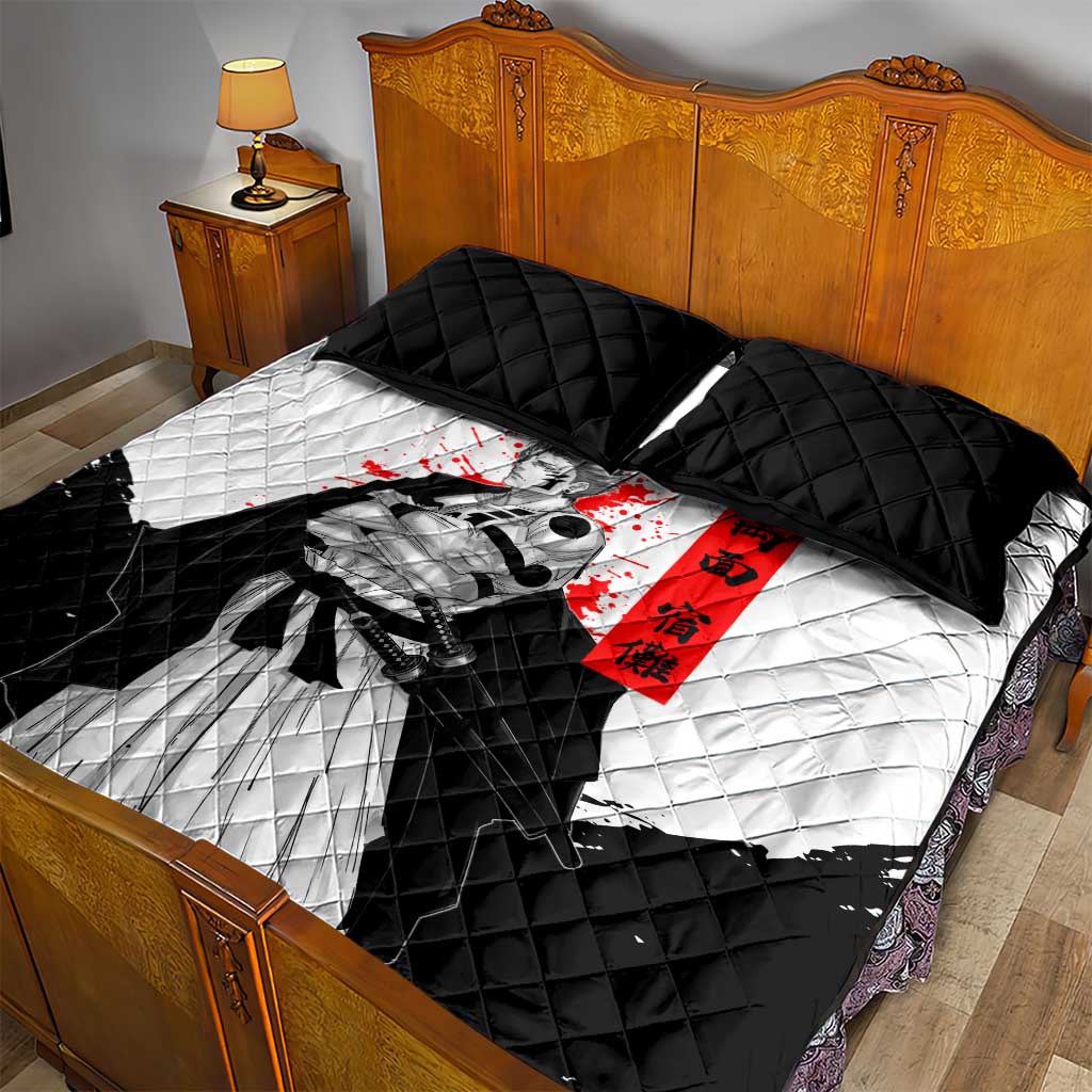 Sukuna Jujutsu Kaisen Samurai Aesthetic Quilt Bed Set with Katana, Red Kanji and Oni Mask Design - The Mazicc
