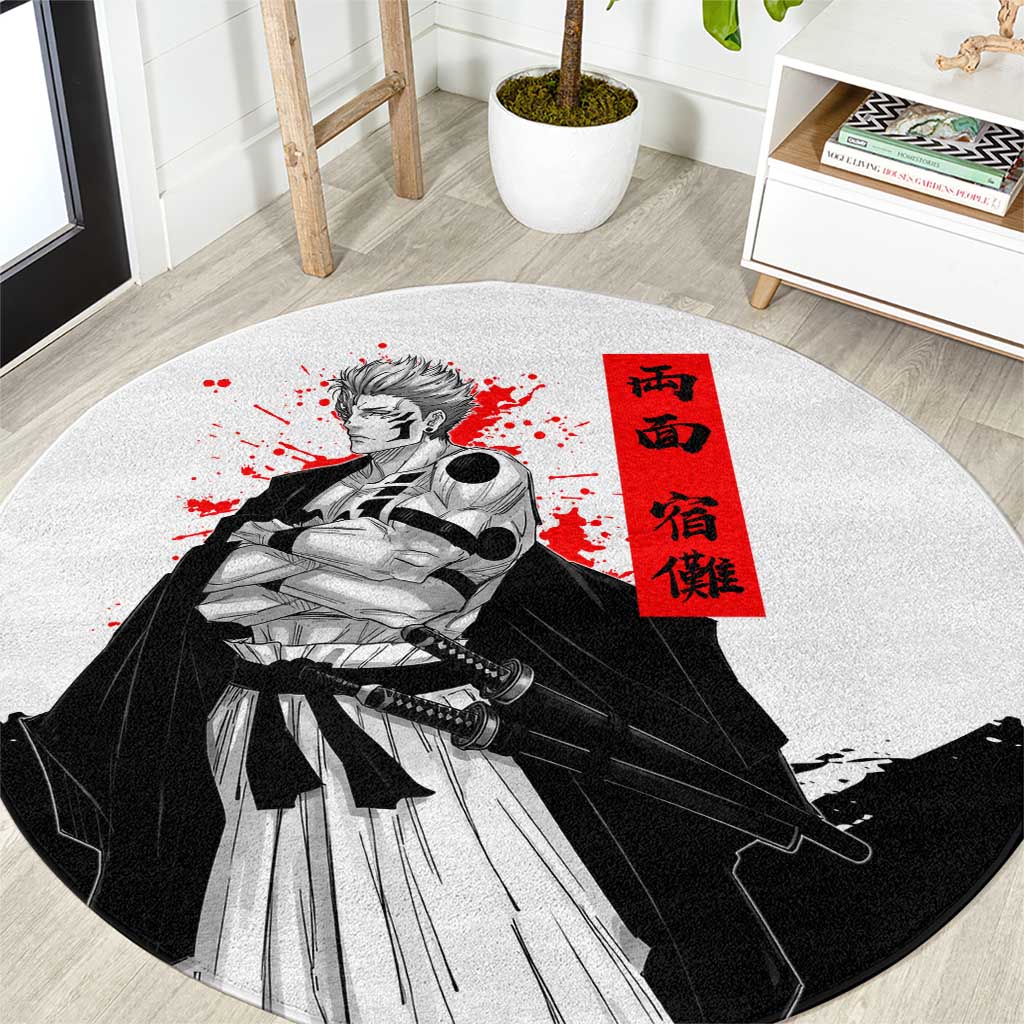 Sukuna Jujutsu Kaisen Samurai Aesthetic Round Carpet with Katana, Red Kanji and Oni Mask Design - The Mazicc