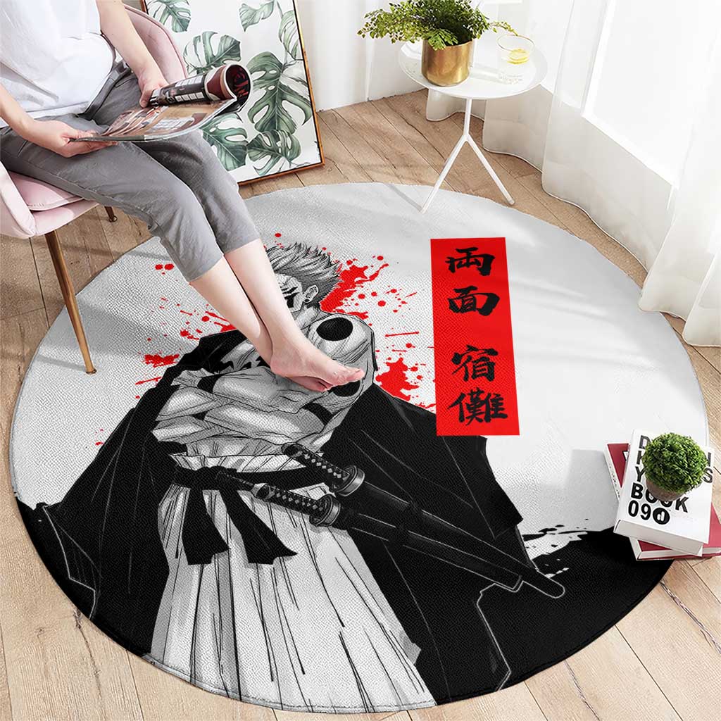 Sukuna Jujutsu Kaisen Samurai Aesthetic Round Carpet with Katana, Red Kanji and Oni Mask Design - The Mazicc