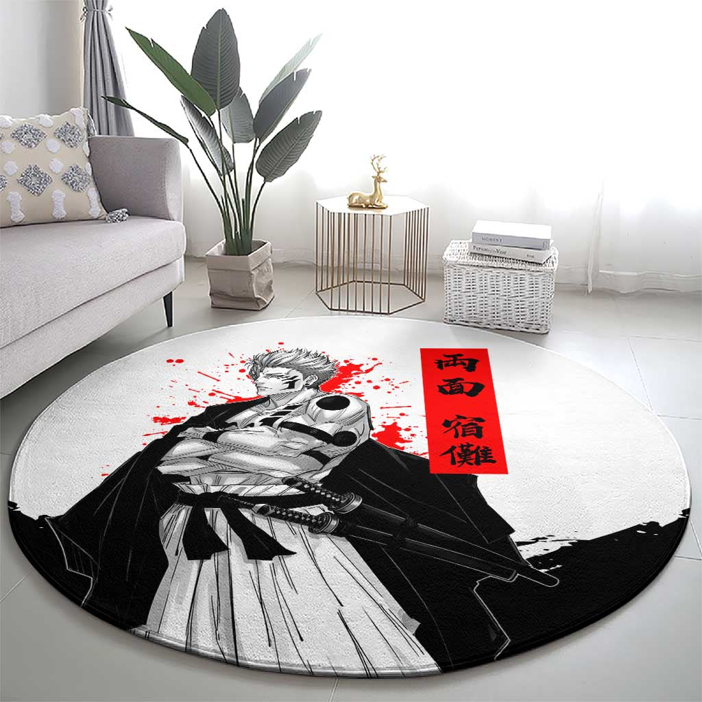 Sukuna Jujutsu Kaisen Samurai Aesthetic Round Carpet with Katana, Red Kanji and Oni Mask Design - The Mazicc