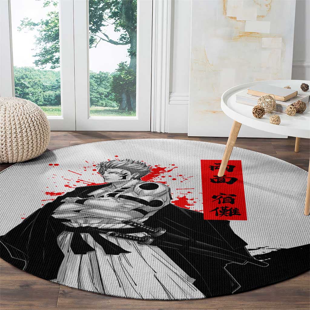 Sukuna Jujutsu Kaisen Samurai Aesthetic Round Carpet with Katana, Red Kanji and Oni Mask Design - The Mazicc