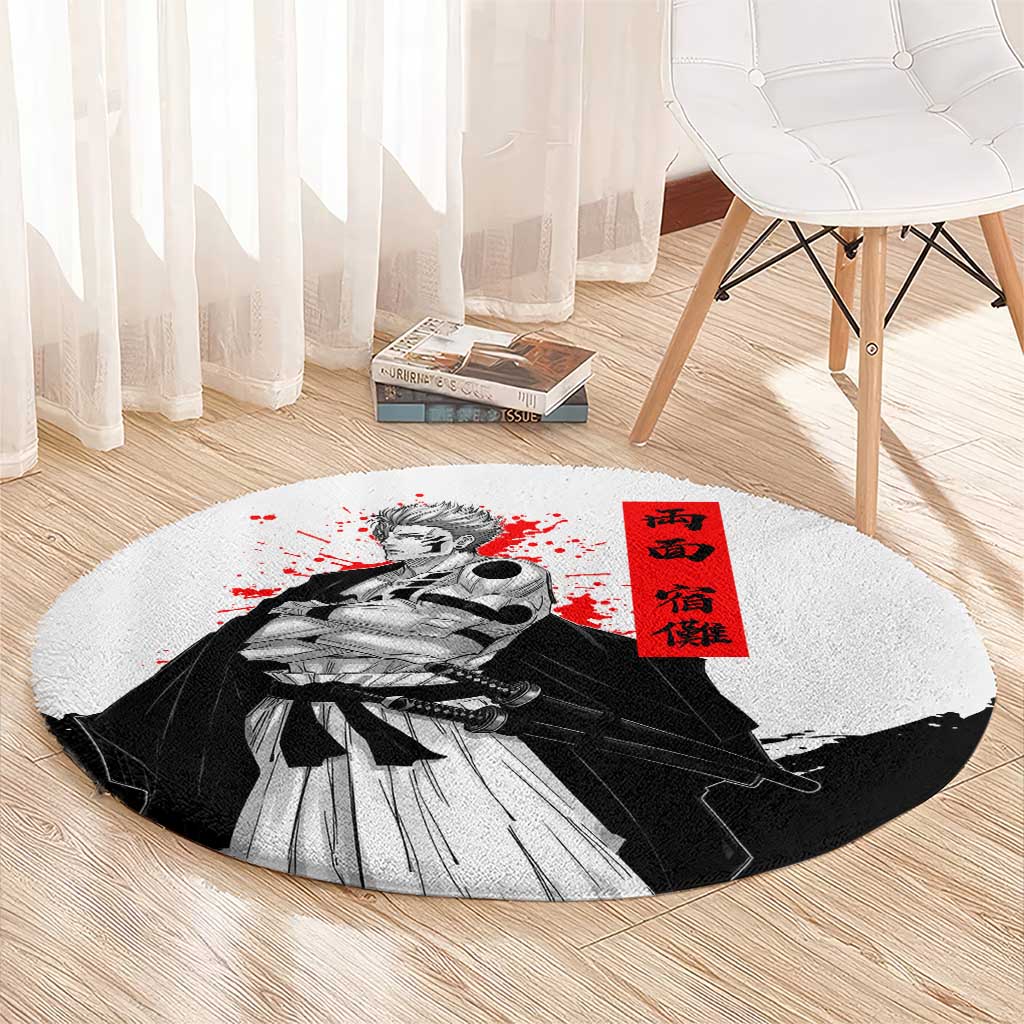 Sukuna Jujutsu Kaisen Samurai Aesthetic Round Carpet with Katana, Red Kanji and Oni Mask Design - The Mazicc