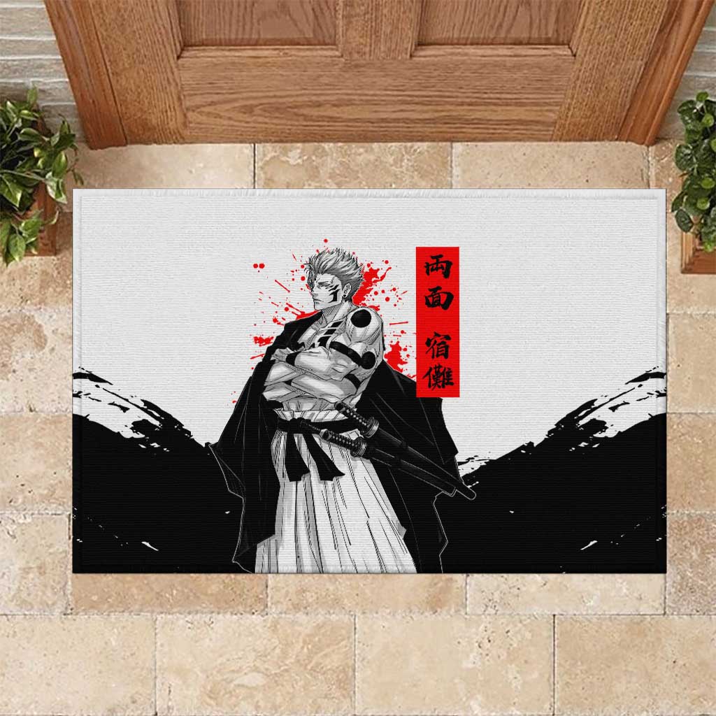 Sukuna Jujutsu Kaisen Samurai Aesthetic Rubber Doormat with Katana, Red Kanji and Oni Mask Design - The Mazicc