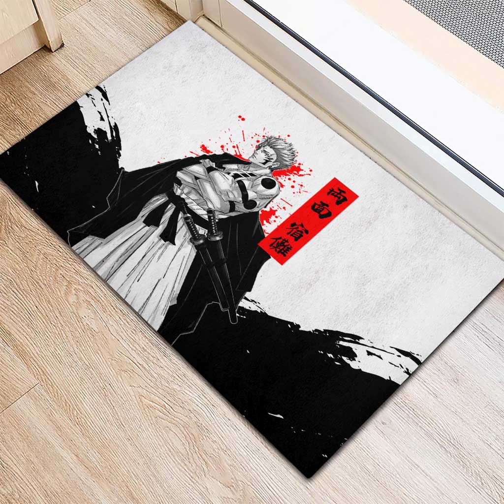 Sukuna Jujutsu Kaisen Samurai Aesthetic Rubber Doormat with Katana, Red Kanji and Oni Mask Design - The Mazicc