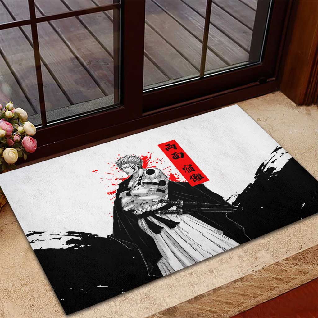 Sukuna Jujutsu Kaisen Samurai Aesthetic Rubber Doormat with Katana, Red Kanji and Oni Mask Design - The Mazicc