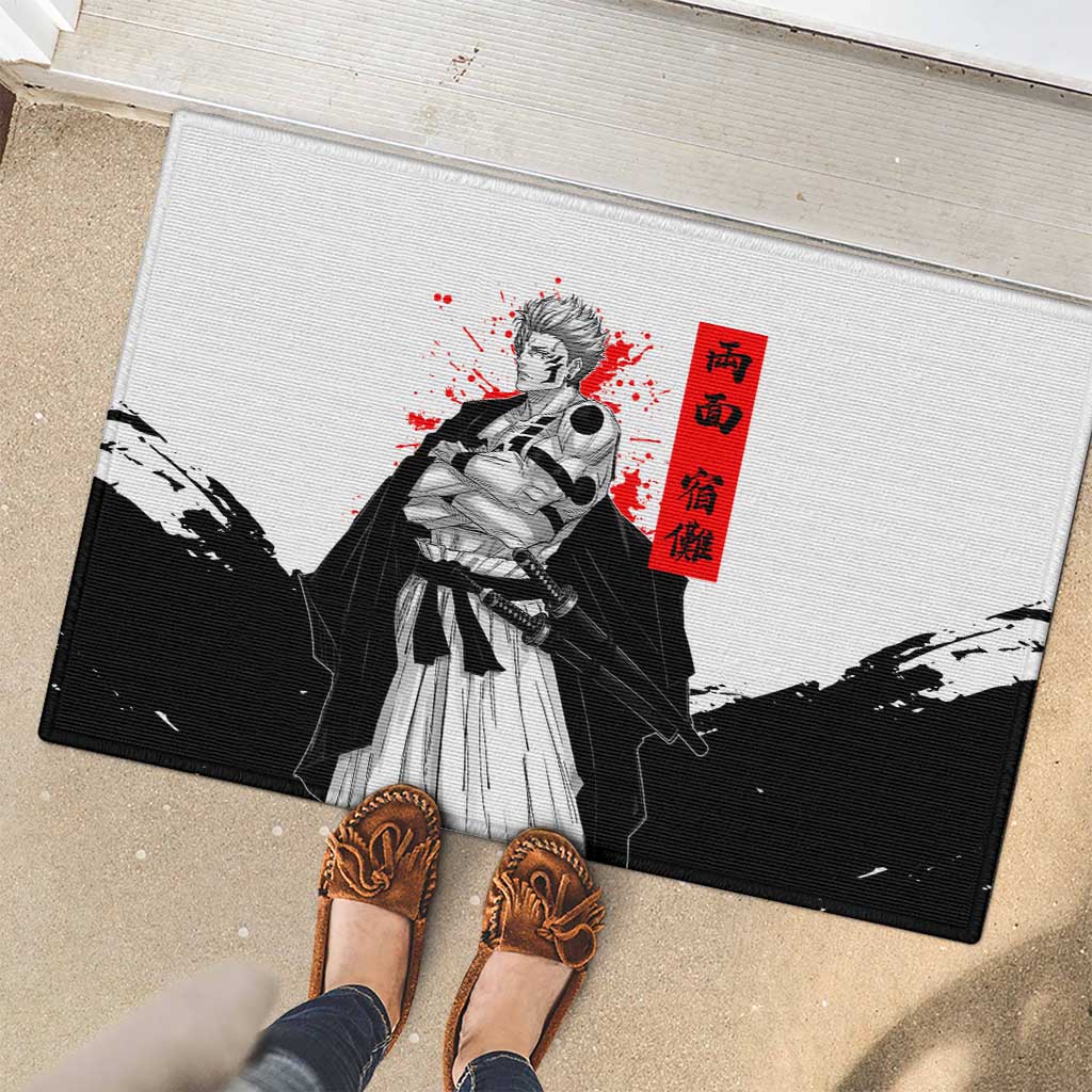 Sukuna Jujutsu Kaisen Samurai Aesthetic Rubber Doormat with Katana, Red Kanji and Oni Mask Design - The Mazicc