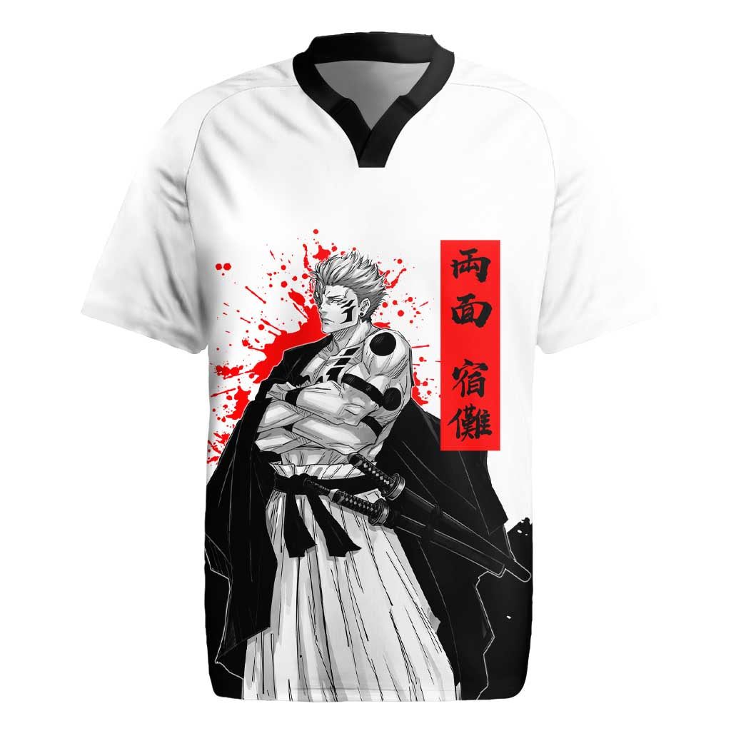 Sukuna Jujutsu Kaisen Samurai Aesthetic Rugby Jersey with Katana, Red Kanji and Oni Mask Design - The Mazicc