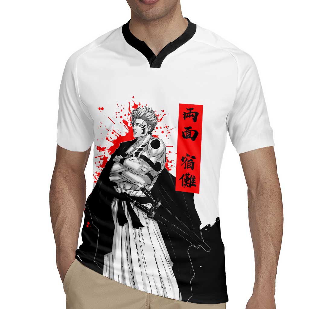 Sukuna Jujutsu Kaisen Samurai Aesthetic Rugby Jersey with Katana, Red Kanji and Oni Mask Design - The Mazicc