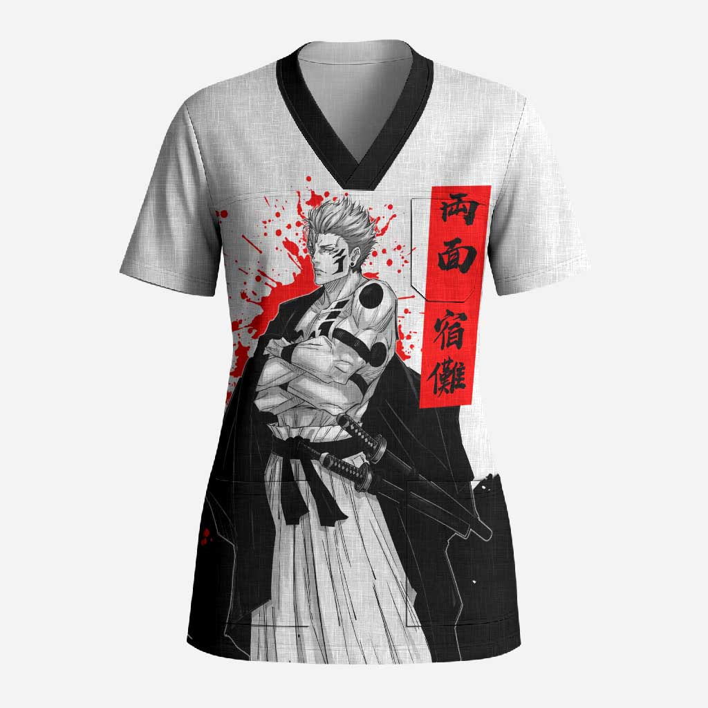 Sukuna Jujutsu Kaisen Samurai Aesthetic Scrub Top with Katana, Red Kanji and Oni Mask Design - The Mazicc