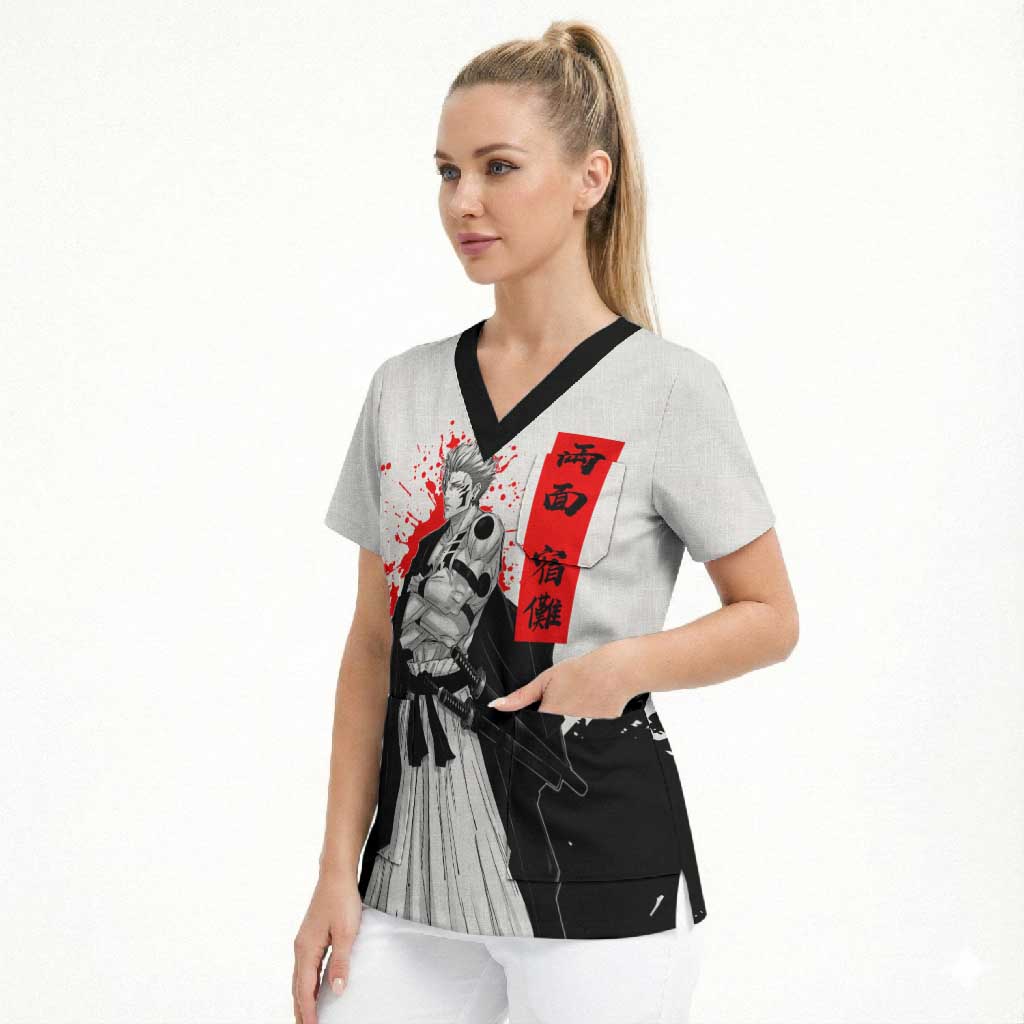 Sukuna Jujutsu Kaisen Samurai Aesthetic Scrub Top with Katana, Red Kanji and Oni Mask Design - The Mazicc