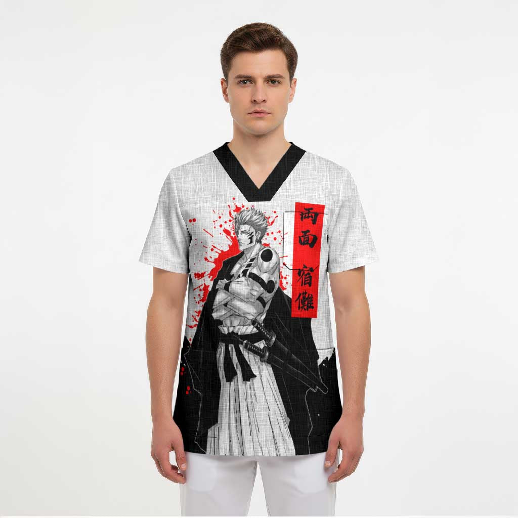 Sukuna Jujutsu Kaisen Samurai Aesthetic Scrub Top with Katana, Red Kanji and Oni Mask Design - The Mazicc