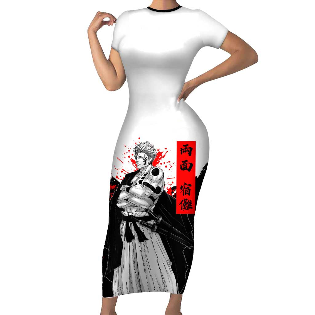 Sukuna Jujutsu Kaisen Samurai Aesthetic Short Sleeve Bodycon Dress with Katana, Red Kanji and Oni Mask Design - The Mazicc