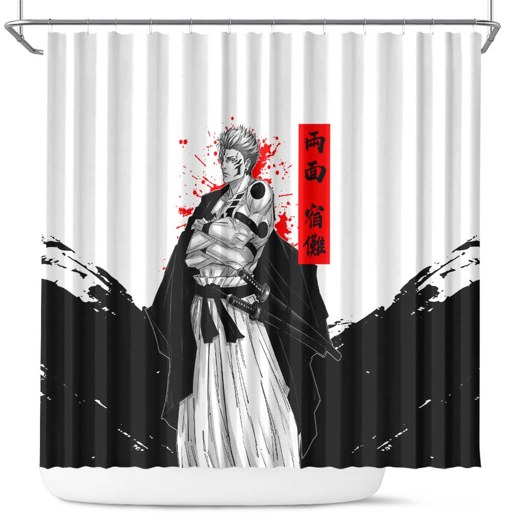 Sukuna Jujutsu Kaisen Samurai Aesthetic Shower Curtain with Katana, Red Kanji and Oni Mask Design - The Mazicc