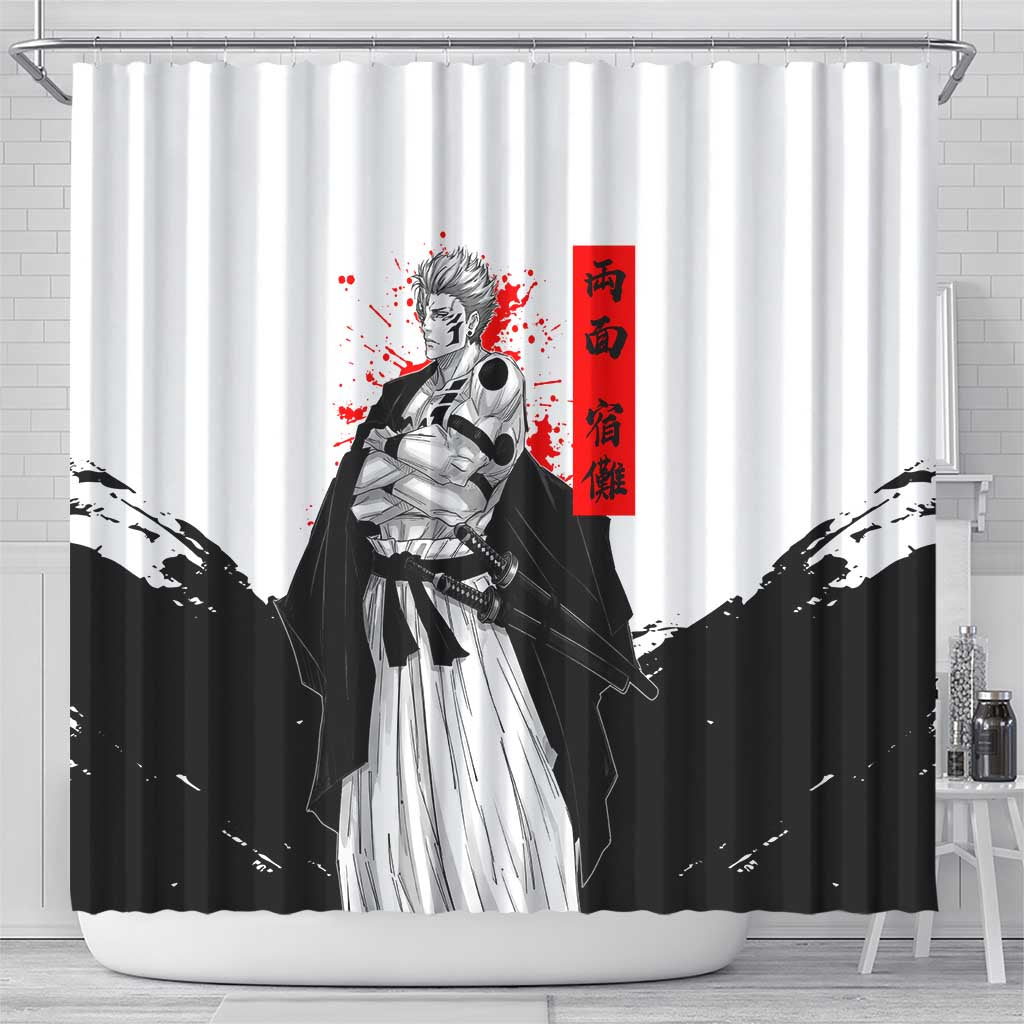 Sukuna Jujutsu Kaisen Samurai Aesthetic Shower Curtain with Katana, Red Kanji and Oni Mask Design - The Mazicc
