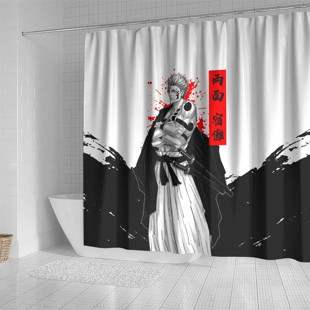 Sukuna Jujutsu Kaisen Samurai Aesthetic Shower Curtain with Katana, Red Kanji and Oni Mask Design - The Mazicc