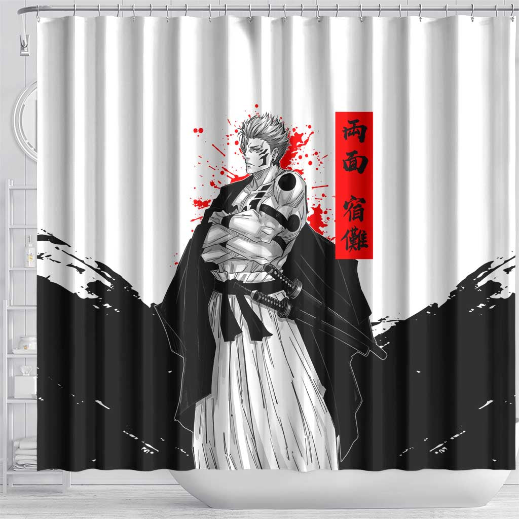 Sukuna Jujutsu Kaisen Samurai Aesthetic Shower Curtain with Katana, Red Kanji and Oni Mask Design - The Mazicc