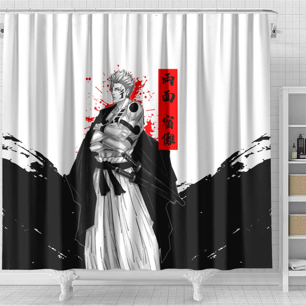 Sukuna Jujutsu Kaisen Samurai Aesthetic Shower Curtain with Katana, Red Kanji and Oni Mask Design - The Mazicc