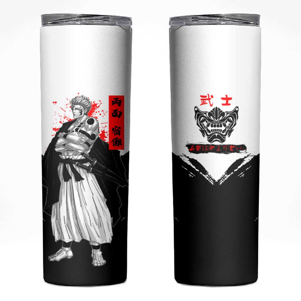 Sukuna Jujutsu Kaisen Samurai Aesthetic Skinny Tumbler with Katana, Red Kanji and Oni Mask Design - The Mazicc