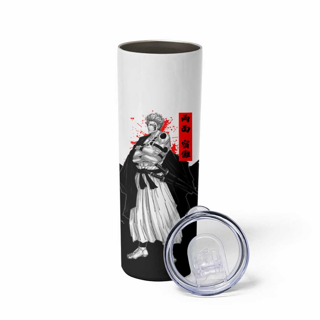 Sukuna Jujutsu Kaisen Samurai Aesthetic Skinny Tumbler with Katana, Red Kanji and Oni Mask Design - The Mazicc