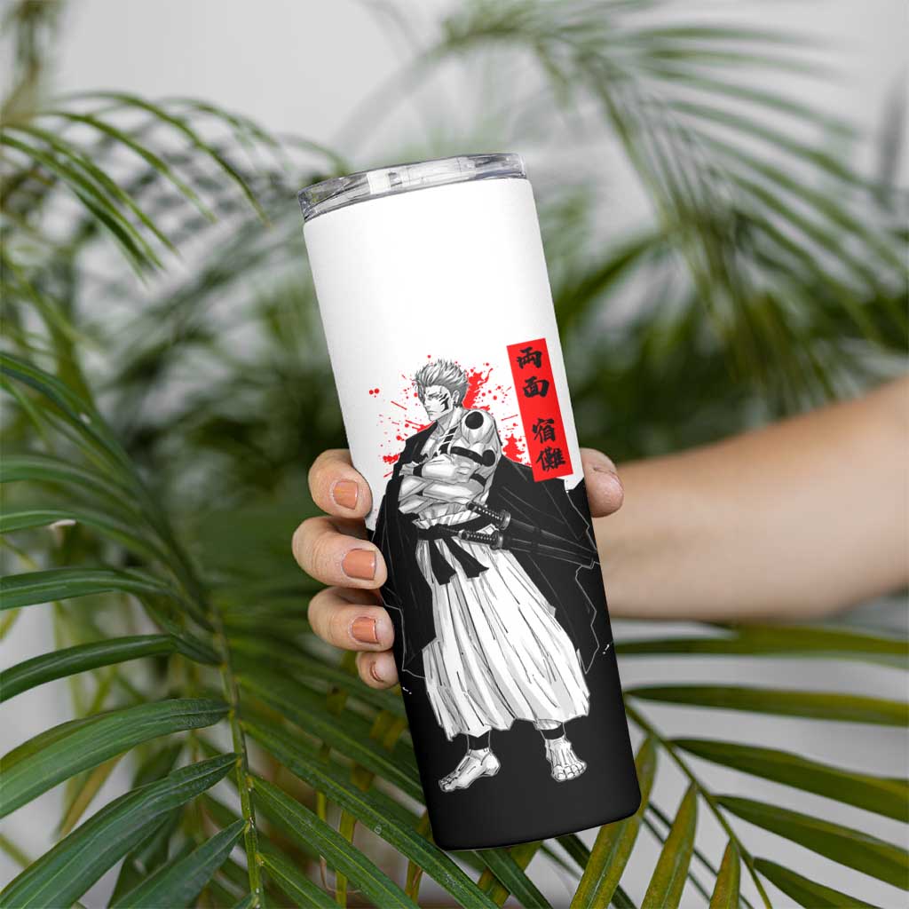 Sukuna Jujutsu Kaisen Samurai Aesthetic Skinny Tumbler with Katana, Red Kanji and Oni Mask Design - The Mazicc