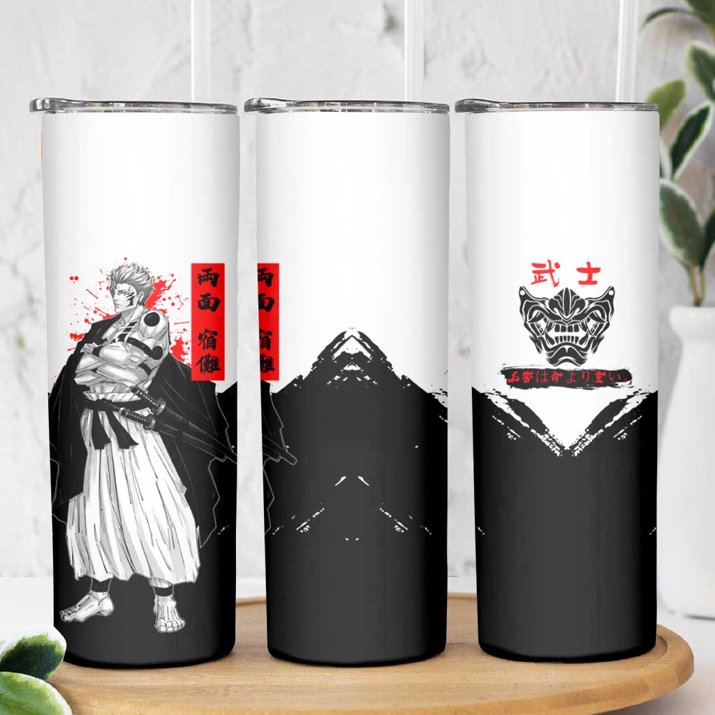 Sukuna Jujutsu Kaisen Samurai Aesthetic Skinny Tumbler with Katana, Red Kanji and Oni Mask Design - The Mazicc