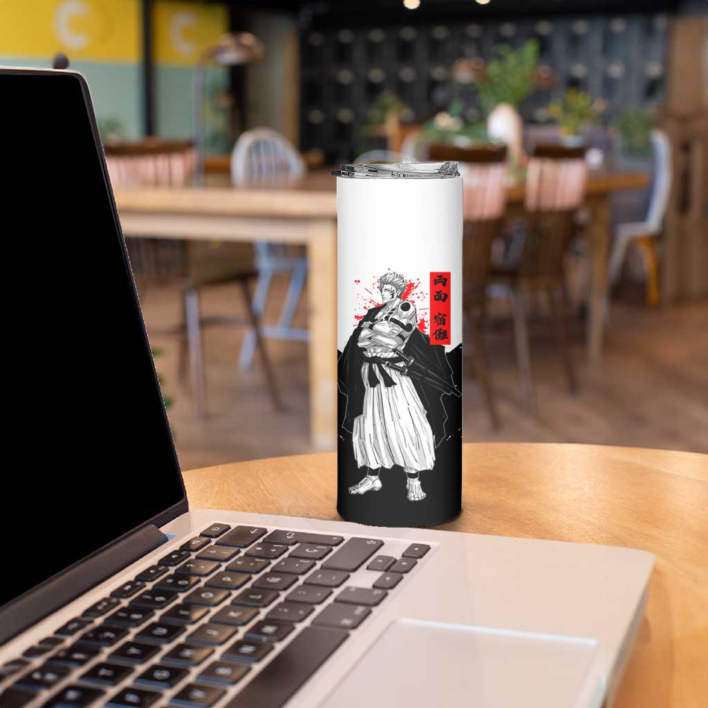 Sukuna Jujutsu Kaisen Samurai Aesthetic Skinny Tumbler with Katana, Red Kanji and Oni Mask Design - The Mazicc