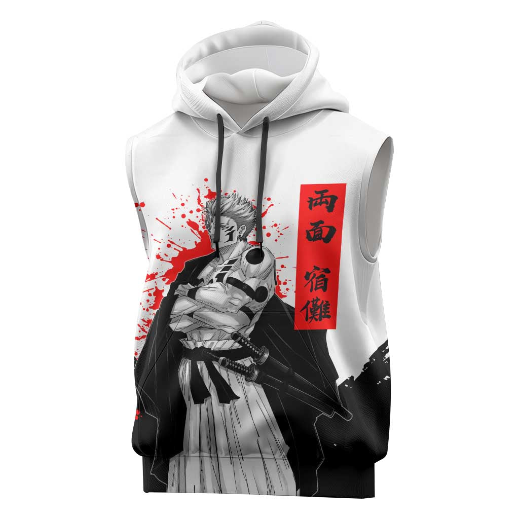Sukuna Jujutsu Kaisen Samurai Aesthetic Sleeveless Hoodie with Katana, Red Kanji and Oni Mask Design - The Mazicc