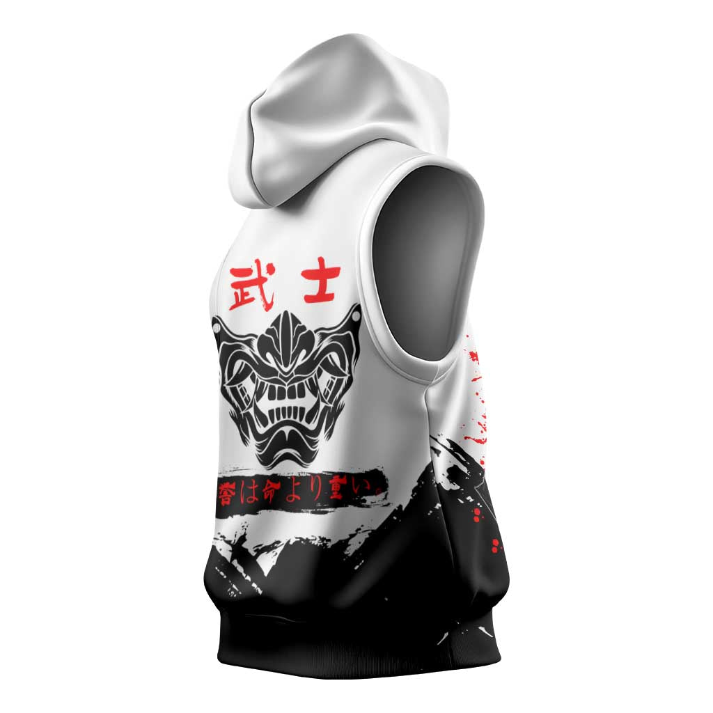 Sukuna Jujutsu Kaisen Samurai Aesthetic Sleeveless Hoodie with Katana, Red Kanji and Oni Mask Design - The Mazicc
