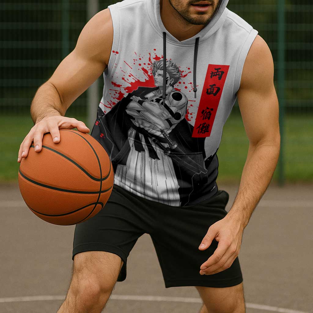 Sukuna Jujutsu Kaisen Samurai Aesthetic Sleeveless Hoodie with Katana, Red Kanji and Oni Mask Design - The Mazicc
