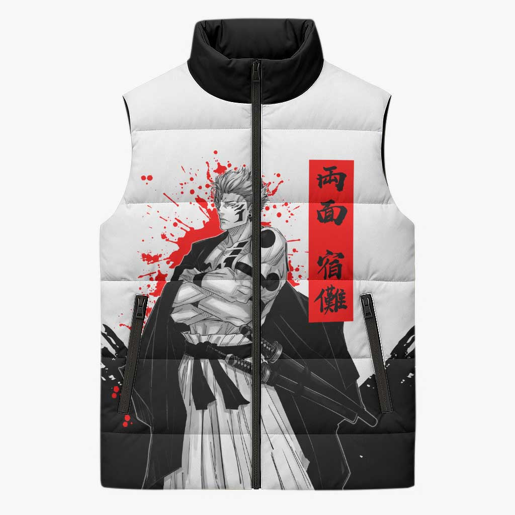 Sukuna Jujutsu Kaisen Samurai Aesthetic Sleeveless Puffer Jacket with Katana, Red Kanji and Oni Mask Design - The Mazicc